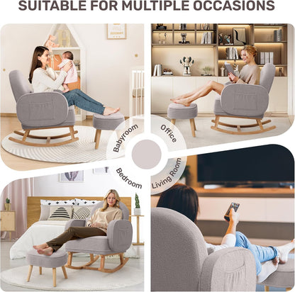 HCHAIRH Nursery Rocking Chair with Ottoman, Upholstered Glider Rocker with High Backrest Side Pocket, Rocking Accent Armchair with Solid Wood Legs for Nursery, Living Room, Bedroom, Light Grey