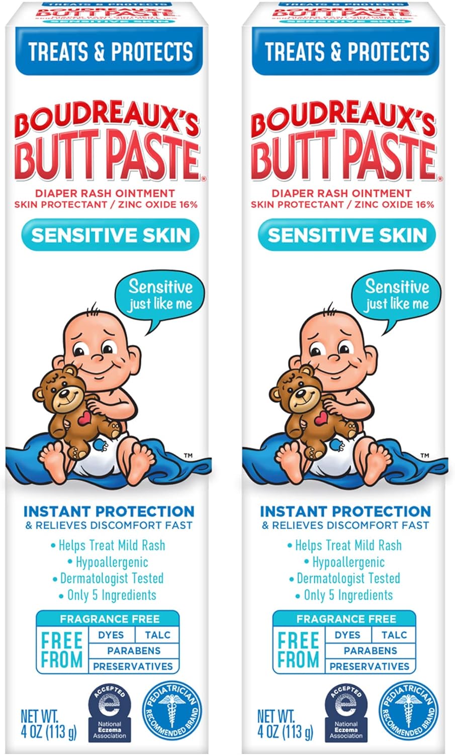 Boudreaux’s Butt Paste Zinc Oxide Diaper Rash Cream, Hypoallergenic for Sensitive Skin, 4 Oz Tube
