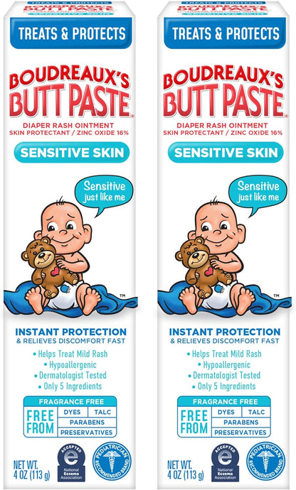 Boudreaux’s Butt Paste Zinc Oxide Diaper Rash Cream, Hypoallergenic for Sensitive Skin, 4 Oz Tube