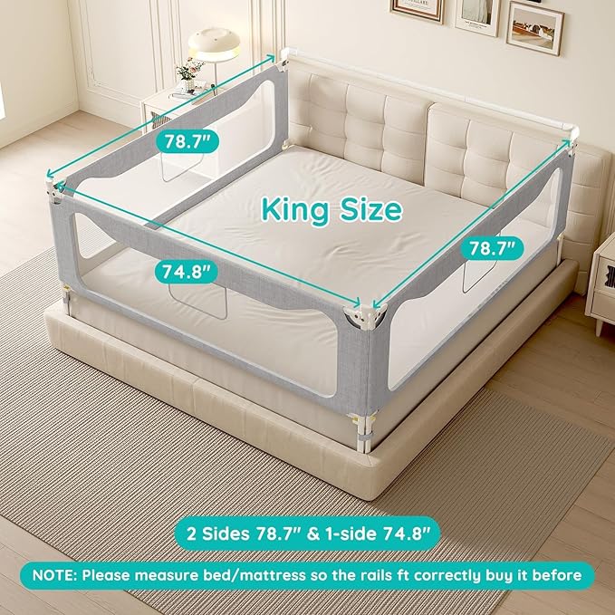 Updated King Size Bed Rail for Toddlers: 3-Side Protection Bedrail with Headbroad for King Bed - Extral Tall Adjustable Child Safety Side Railing Guards for Infants Kids Child(78.7x78.7X 74.8”)