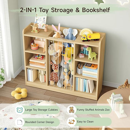 Toddler Stuffed Animal Zoo, Toy Storage Organizer for Playroom, Plush Toy Organizers and Storage, Book Shelf for Kids Rooms, Elastic Band Child Bookcase, Toy Shelf with 8 Storage Cubbies (Maple Wood)