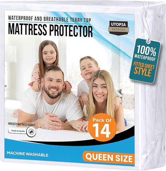 Queen Size Mattress Protector Waterproof 14 Pack, Premium 200 GSM Terry Mattress Cover, Soft & Breathable Bed Cover, Fitted Sheet Style Stretchable Deep Pockets 17" by Utopia Bedding (White)