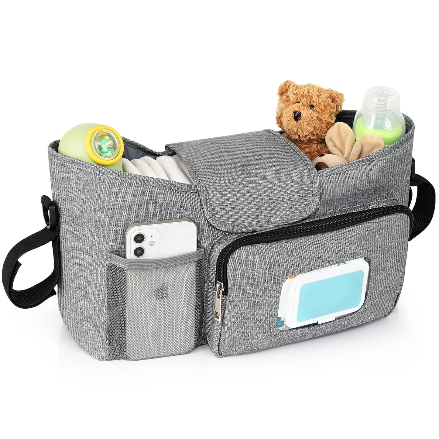 Accmor Universal Stroller Organizer with Insulated Cup Holder, Stroller Caddy Bag Accessories, Stroller Cup Holder Organizer for Uppababy Baby Jogger Britax Stroller, Black