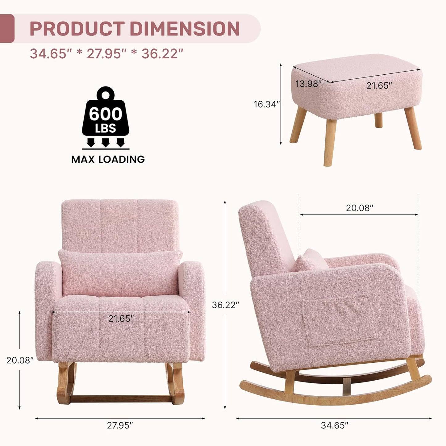 HCHAIRH Nursery Rocking Chair with Ottoman, Upholstered Glider Rocker with High Backrest Side Pocket, Rocking Accent Armchair with Solid Wood Legs for Nursery, Living Room, Bedroom, Light Grey