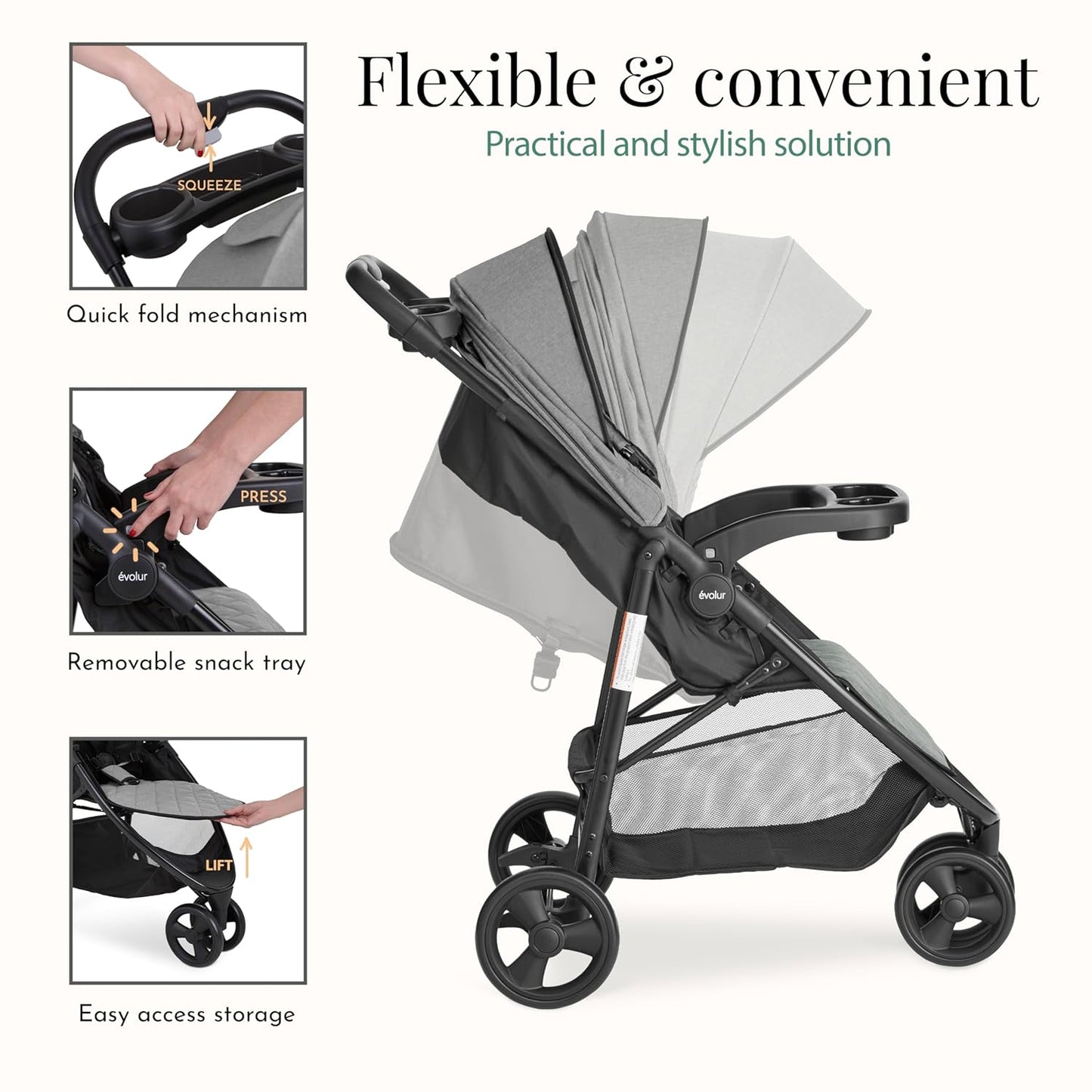 Evolur Breeze Stroller in Green, Adjustable Backrest & Canopy, Compact Fold Lightweight Baby/Toddler Stroller with Storage Basket