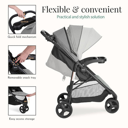 Evolur Breeze Stroller in Green, Adjustable Backrest & Canopy, Compact Fold Lightweight Baby/Toddler Stroller with Storage Basket