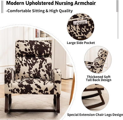 Rocking Chair Nursery, Upholstered Nursing Rocker Chair for Mom with High Backrest and Side Pockets for Bedroom Living Room, Beige