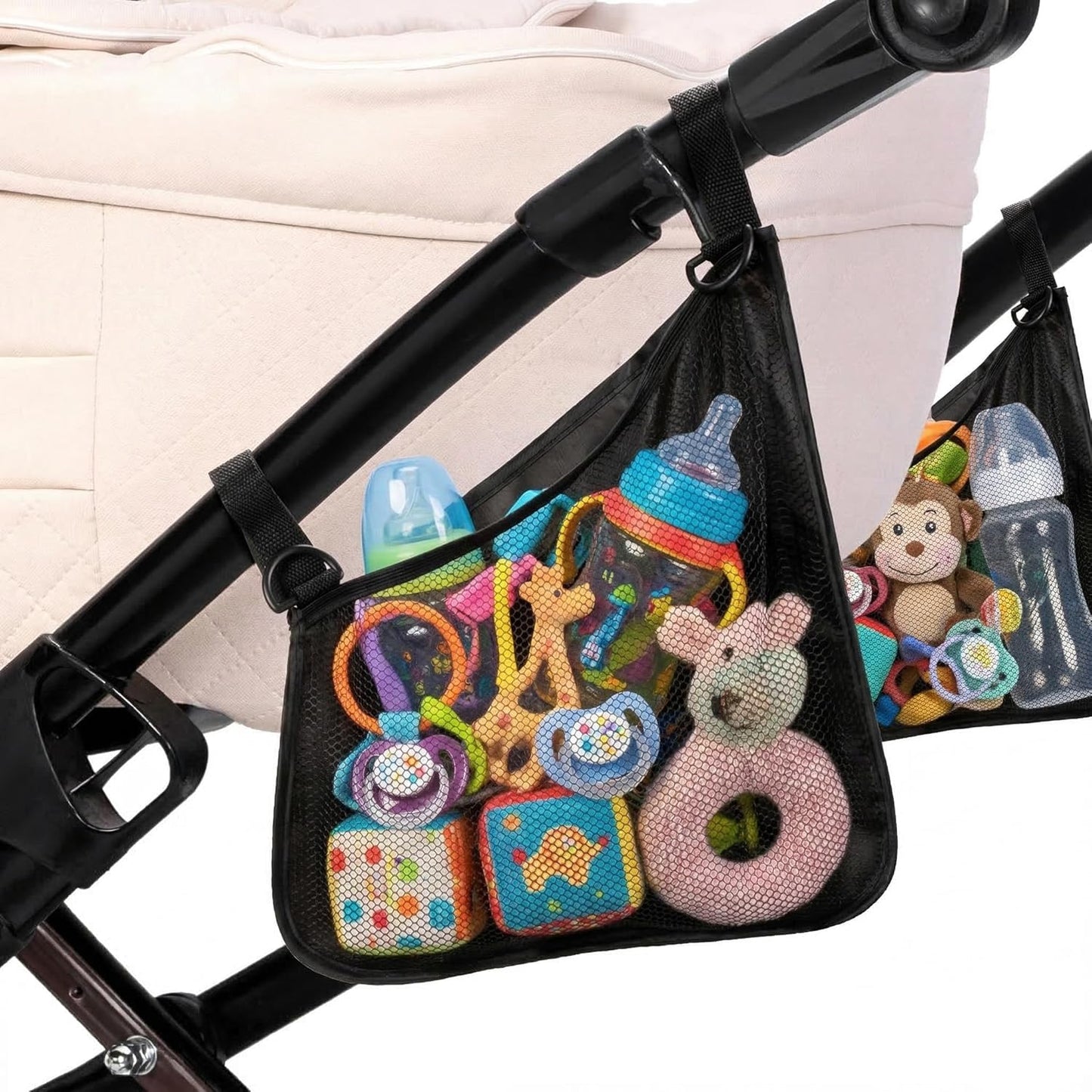 Stroller Side Bag - Bike/Stroller Organizer, Hook & Loop Easy Attach - Mesh Design, Non-Slip Straps, mom Cozy Stroller Organizer, Stroller Accessories, Black (BLACK 2PCS)