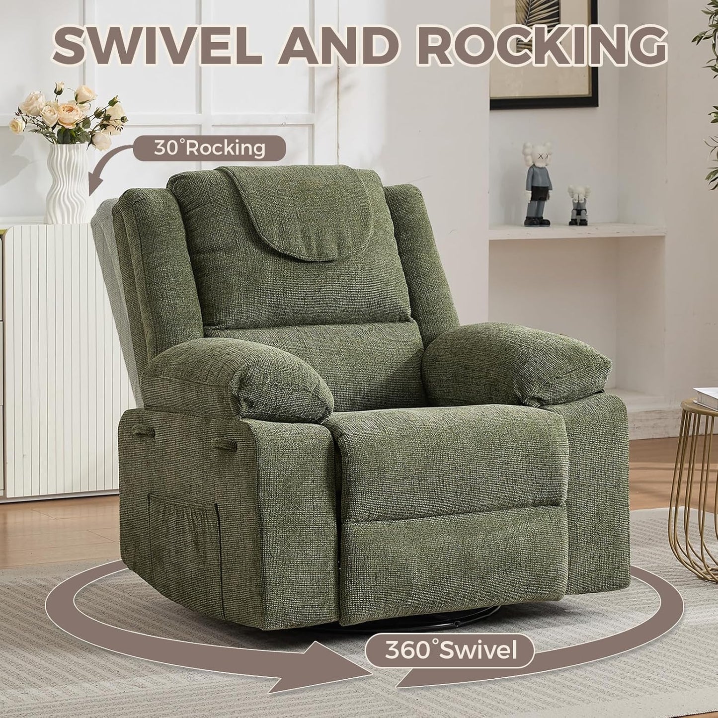 Adults Oversized Rocking Nursery Glider Recliner Chair,360° Swivel Rock Recliner Chairs Single Sofa with Vibration Massage and Heating for Living Room/Bedroom,Blue