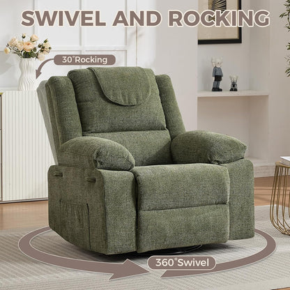 Adults Oversized Rocking Nursery Glider Recliner Chair,360° Swivel Rock Recliner Chairs Single Sofa with Vibration Massage and Heating for Living Room/Bedroom,Blue