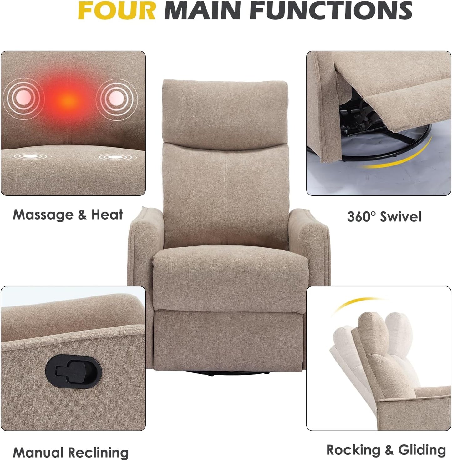 Trustyue Swivel Rocker Recliner Chair, 360° Swivel Recliner with Heat and Massage, Rocker Recliner Nursery Glider Chair with Side Pockets for Living Room (Beige, Fabric)