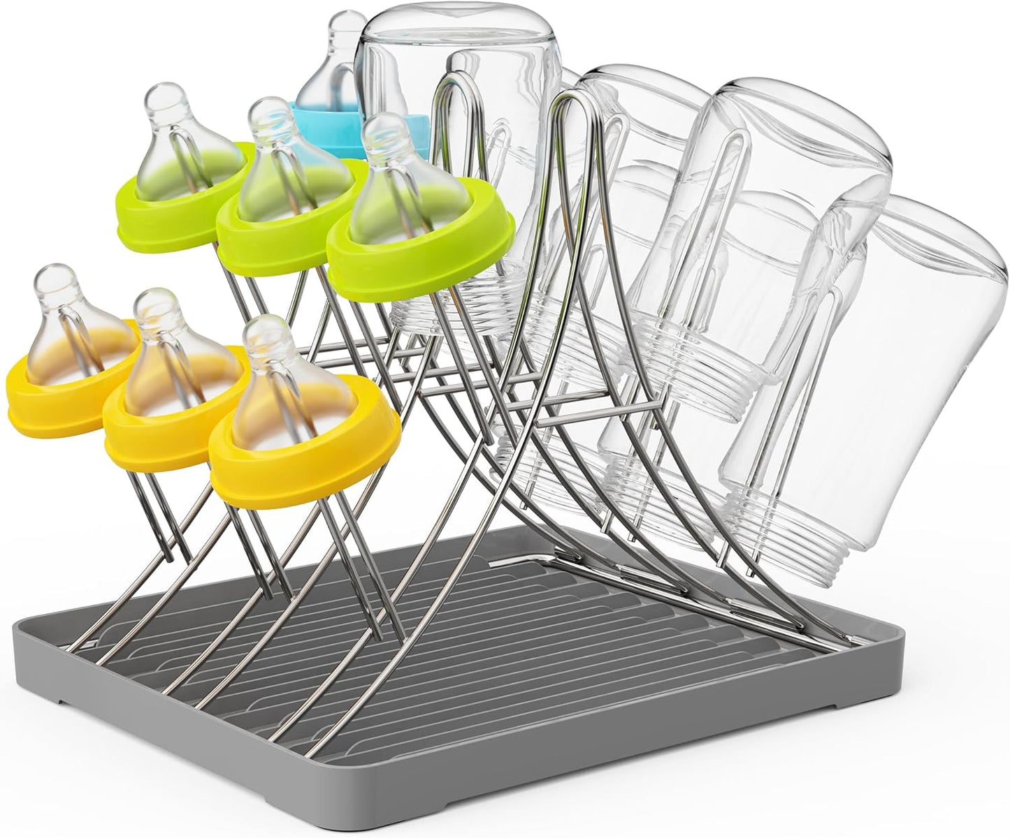 Baby Bottle Drying Rack, Space Saving Bottle Drying Tree Rack with Drainboard for Cups, Mugs and Glass, Sports Bottle, Holds Up to 15 Baby Bottles ，Foldable,Stainless Steel,