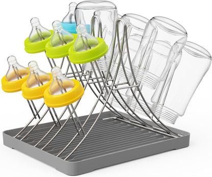 Baby Bottle Drying Rack, Space Saving Bottle Drying Tree Rack with Drainboard for Cups, Mugs and Glass, Sports Bottle, Holds Up to 15 Baby Bottles ，Foldable,Stainless Steel,