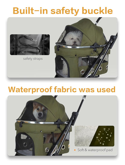 JK Pawadore 4 Wheels Pet Stroller Best Lightweight Foldable Portable Secure Easy Lock NO-Zip 180 ̊ Canopy Sun Shades Waterproof for Small/Medium Dogs 33lbs with Large Storage Basket (Khaki)