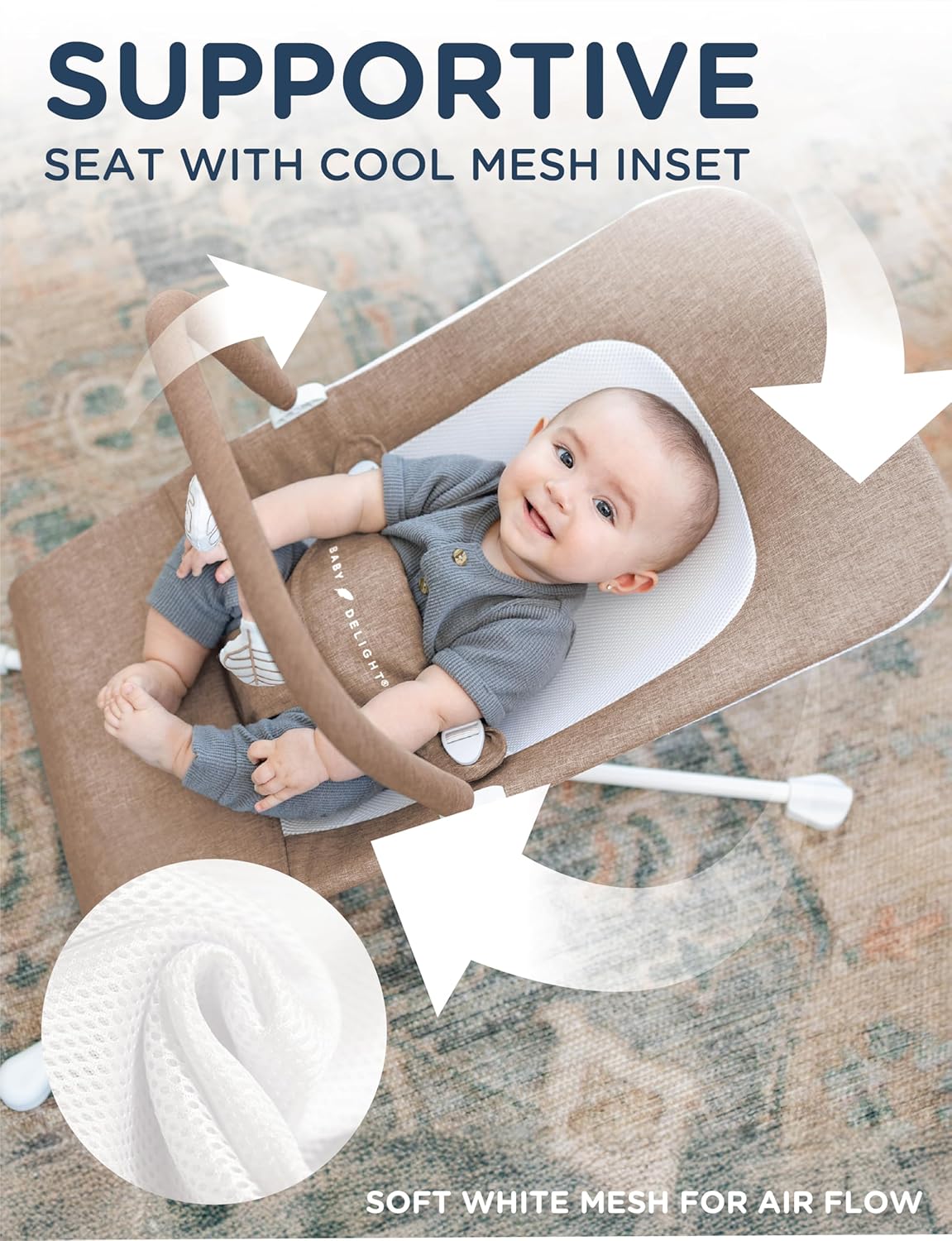 Baby Delight Highland Baby Bouncer | Infant | 0 – 6 Months | 3-Position Recline | Sage Tweed