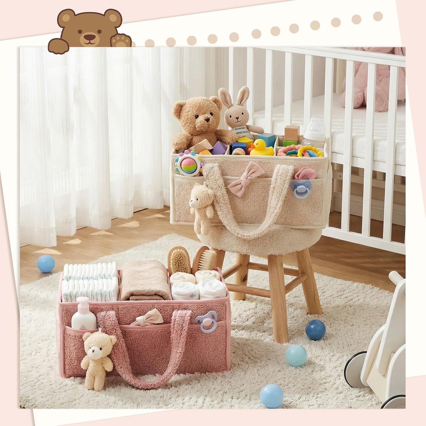 Shinylin 2 Pack Diaper Caddy Organizer Baby Caddy Organizer with Handle Nursery Storage Bin and Car Storage Basket for Diapers, Wipes, Newborn Necessities Baby Shower Gifts(Lily Green and Ivory)