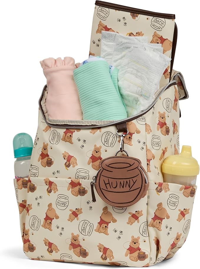 Disney Diaper Bag Backpack with Changing Pad Winnie the Pooh – 16” Nylon Baby Bag for Parents, Insulated Bottle Holders, Multiple Storage Pockets