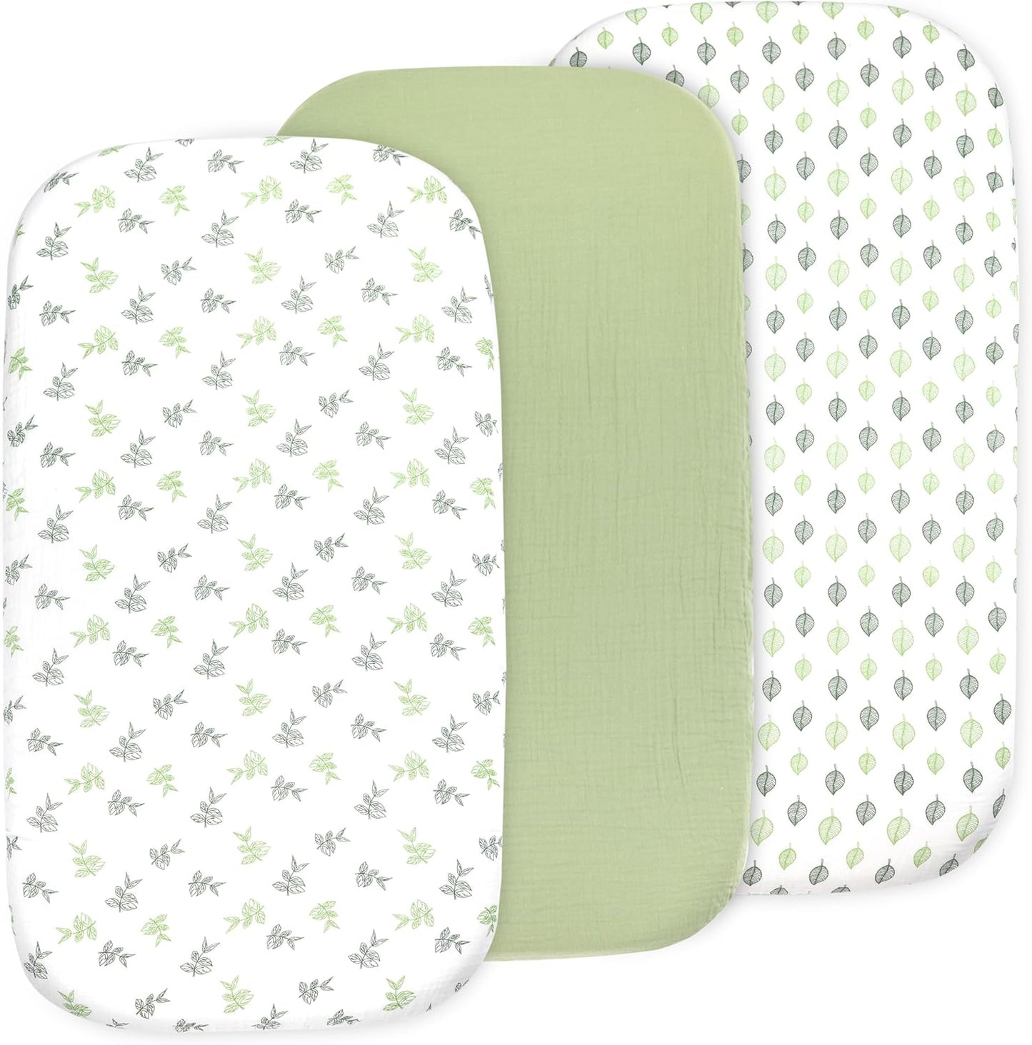 3-Pack Bedside Sleeper Bassinet Sheets | GOTS Certified Organic 100% Muslin Cotton | Ultra Soft & Breathable | 33×20×4” Fitted Sheets | Universal Fit 29–33” x 17–21” Pads