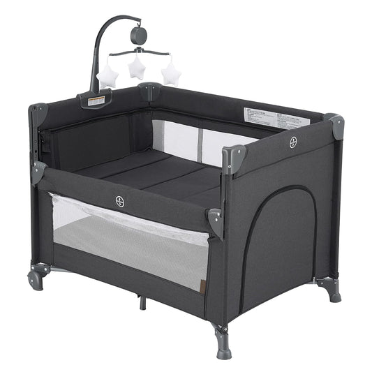 QUTANIX 2-in-1 Pack and Play with Mattress,Baby Bassinet Bedside Sleeper, Bedside Bassinet & Baby Playpen, Easy Folding Portable Crib for Newborn to Toddlers (Dark Grey)