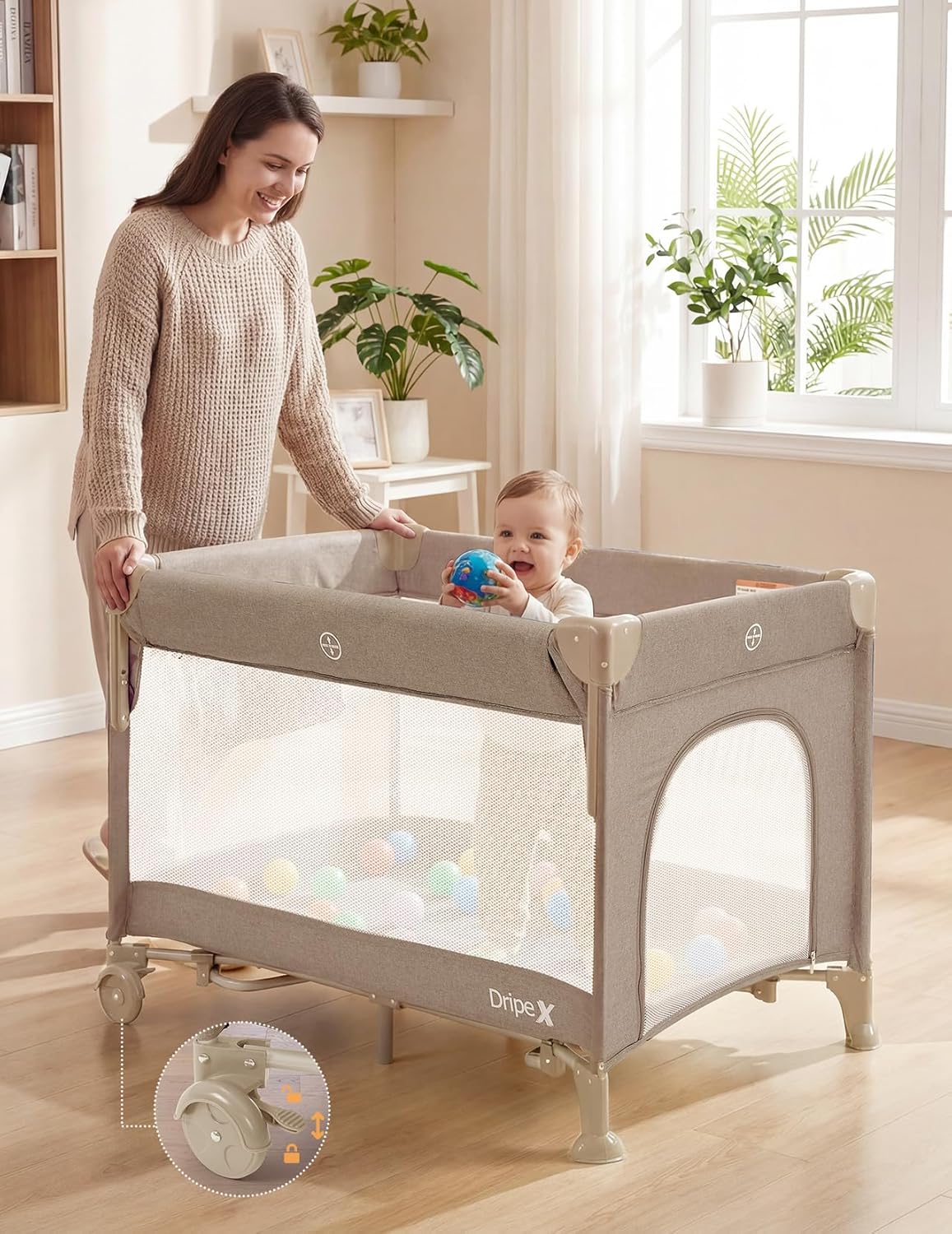 Dripex 5 in 1 Pack n Play Bedside Sleeper, 2-Level Height Baby Crib, Storage Pocket & Breathable Mesh - Foldable Portable Baby Bedside Bassinet for 0 to 12 Months (Travel/Home), Dark Grey