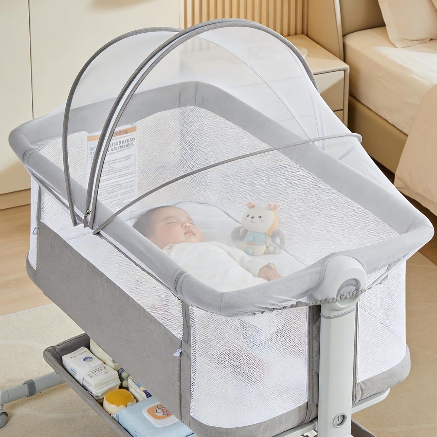 Baby Bassinet, 3-in-1 Portable Bedside Sleeper for Newborn All Mesh Sides Breathable with 6 Height Adjustments, 1-7° Anti-Reflux Incline, Detachable Mosquito Net, Storage Basket & 360° Lockable Wheels