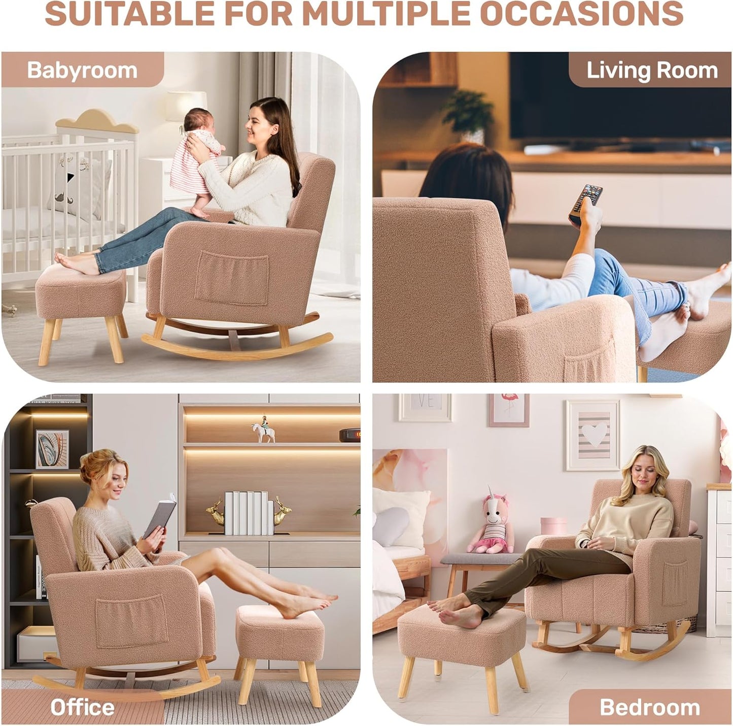 HCHAIRH Nursery Rocking Chair with Ottoman, Upholstered Glider Rocker with High Backrest Side Pocket, Rocking Accent Armchair with Solid Wood Legs for Nursery, Living Room, Bedroom, Light Grey
