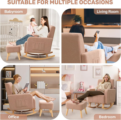 HCHAIRH Nursery Rocking Chair with Ottoman, Upholstered Glider Rocker with High Backrest Side Pocket, Rocking Accent Armchair with Solid Wood Legs for Nursery, Living Room, Bedroom, Light Grey