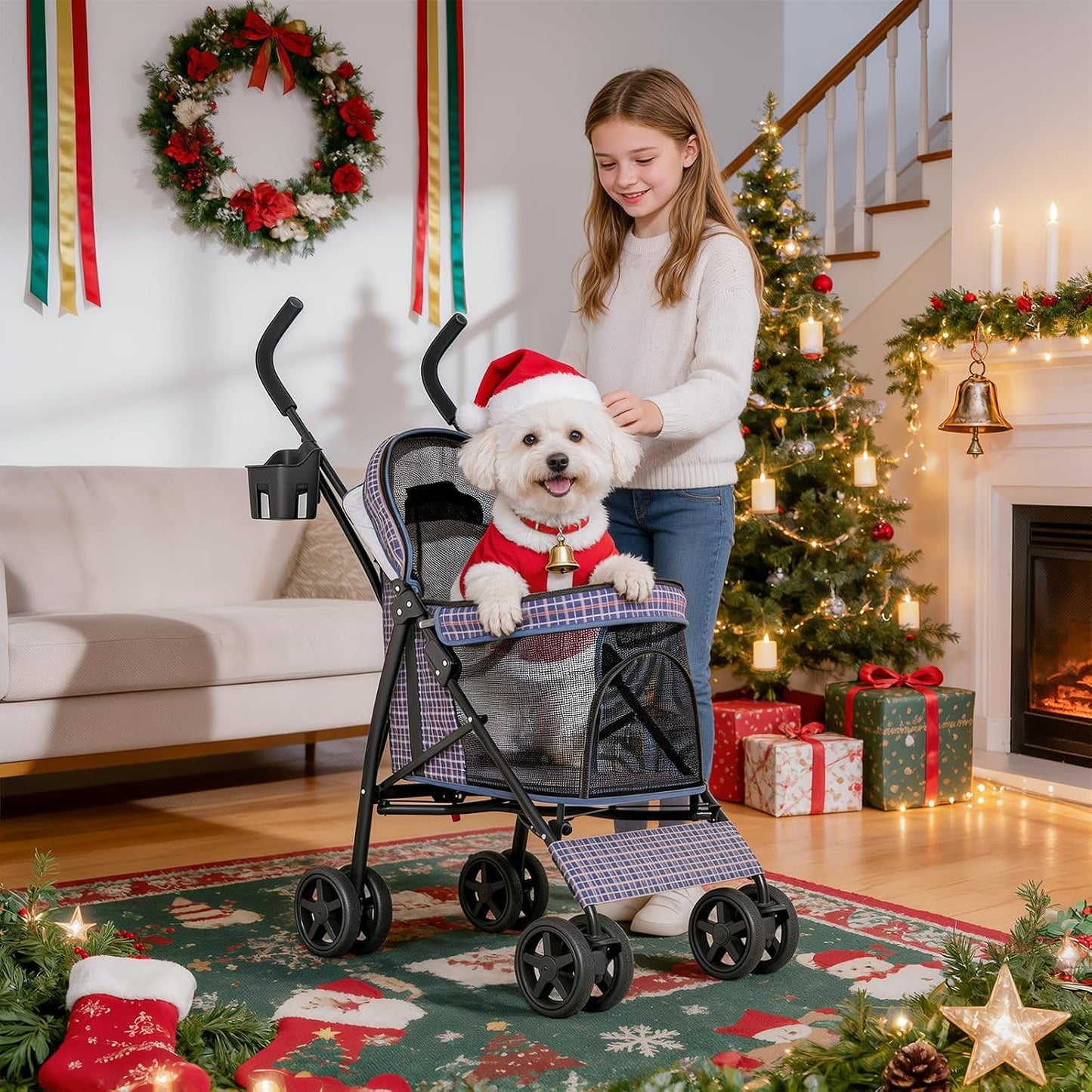 MoNiBloom 4 Wheels Pet Stroller, Easy-Fold Puppy Cage Jogger Stroller with Sun Cover, Pad and Rear Storage Bag, Breathable and Visible Mesh for Small/Medium Pets up to 22 lbs, Black