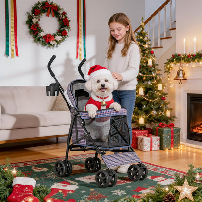 MoNiBloom 4 Wheels Pet Stroller, Easy-Fold Puppy Cage Jogger Stroller with Sun Cover, Pad and Rear Storage Bag, Breathable and Visible Mesh for Small/Medium Pets up to 22 lbs, Black