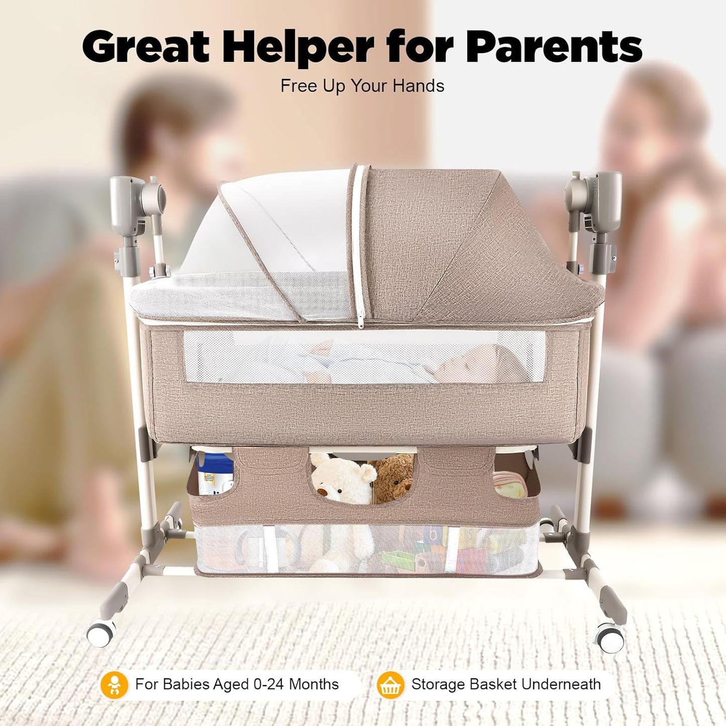 CNCEST Smart Electric Baby Bassinet Bedside Sleeper,Music Play,Automatic Cradle with 3 Speed Timing,5 Speed Wobbling,Portable Baby Bed Height Adjustable Crib,Nets+Mattresses