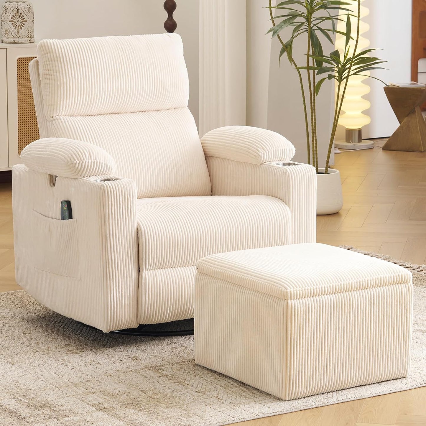 Rocking Chair Nursery with Adjustable Armrests, Electric Glider Recliner Nursing Chair for Breastfeeding, Power Swivel Recliner Chairs with Massage and Heat, Adjustable Headrest , FSC Certified, White