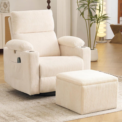 Rocking Chair Nursery with Adjustable Armrests, Electric Glider Recliner Nursing Chair for Breastfeeding, Power Swivel Recliner Chairs with Massage and Heat, Adjustable Headrest , FSC Certified, White