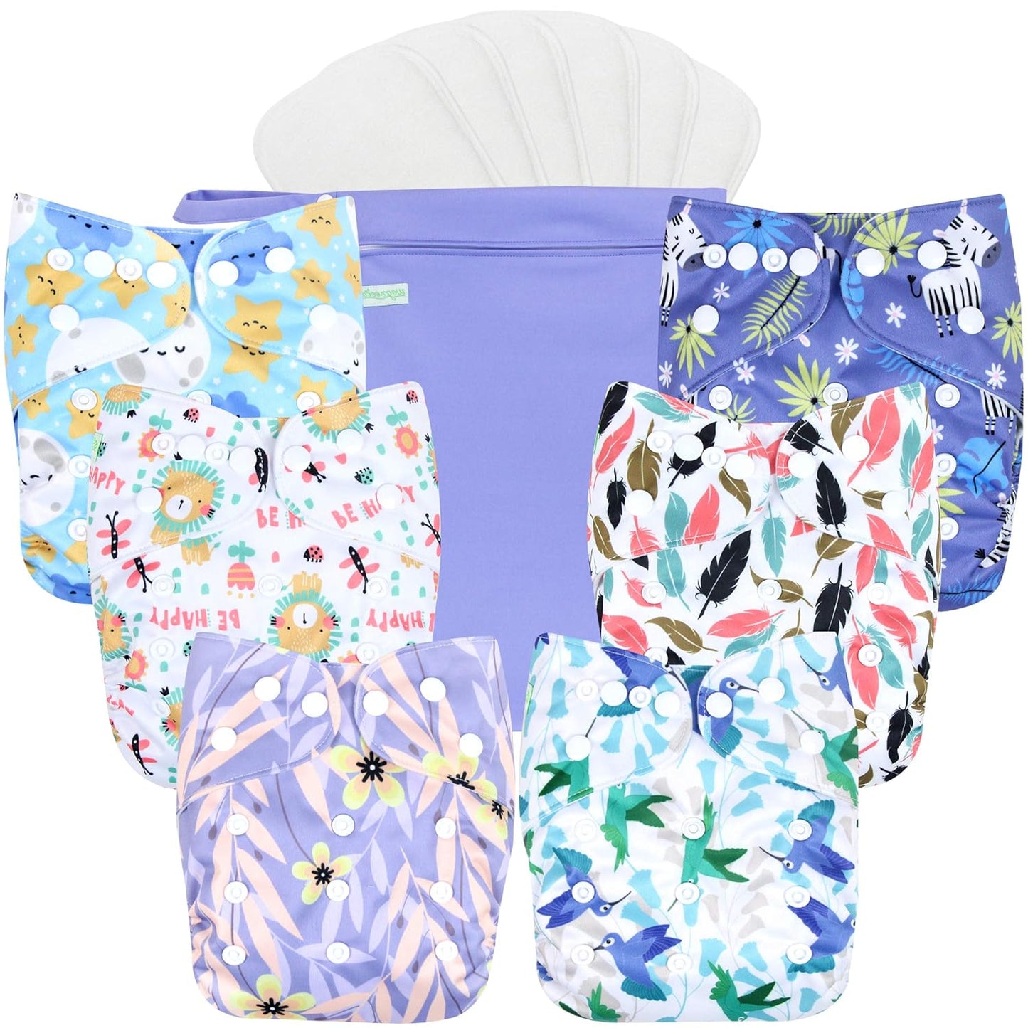 wegreeco Cloth Diapers 6 Pack with 6 Inserts & 1 Wet Bag, Washable Cloth Diapers for Babies, One Size Adjustable Reusable (Flower)