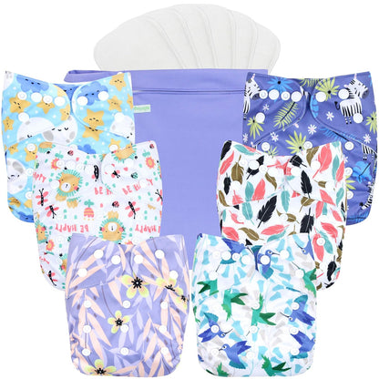 wegreeco Cloth Diapers 6 Pack with 6 Inserts & 1 Wet Bag, Washable Cloth Diapers for Babies, One Size Adjustable Reusable (Flower)