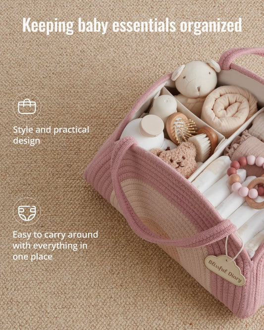 Blissful Diary Baby Diaper Caddy Organizer, Cotton Rope Diaper Caddy Basket, Large Storage Basket for Newborn Boys and Girls, Gift for Baby Shower List, Newborn Essentials, Earthy Rainbow