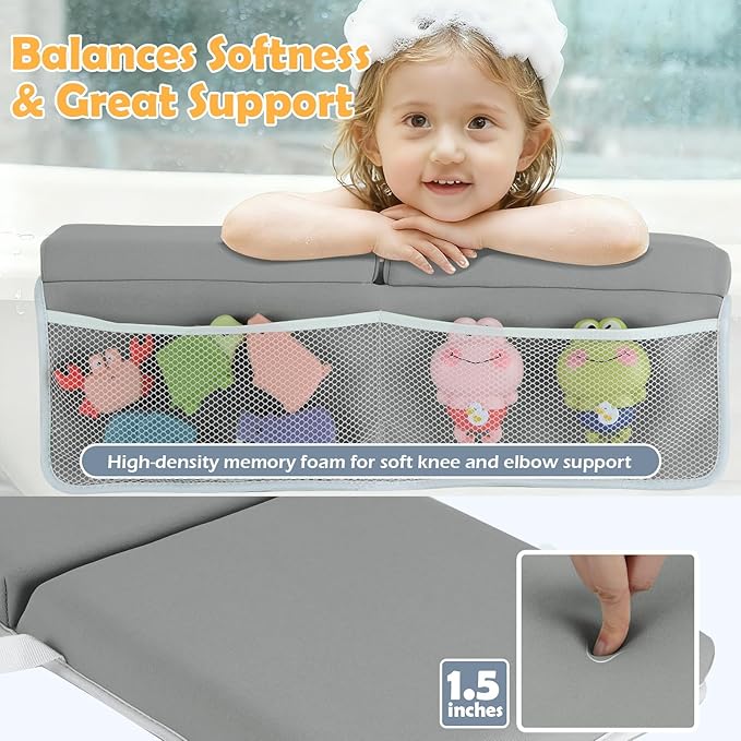 Baby Bath Kneeler and Elbow Rest Pad Set, 1.5 Inch Thick Memory Foam Soft Bath Kneeler with Bath Toys Organizer, Non-Slip, Quick-Dry, Foldable Kneeling Mat, Ideal Gift for Parents, Gray