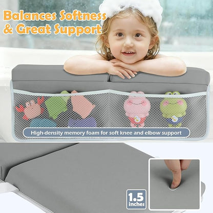 Baby Bath Kneeler and Elbow Rest Pad Set, 1.5 Inch Thick Memory Foam Soft Bath Kneeler with Bath Toys Organizer, Non-Slip, Quick-Dry, Foldable Kneeling Mat, Ideal Gift for Parents, Gray