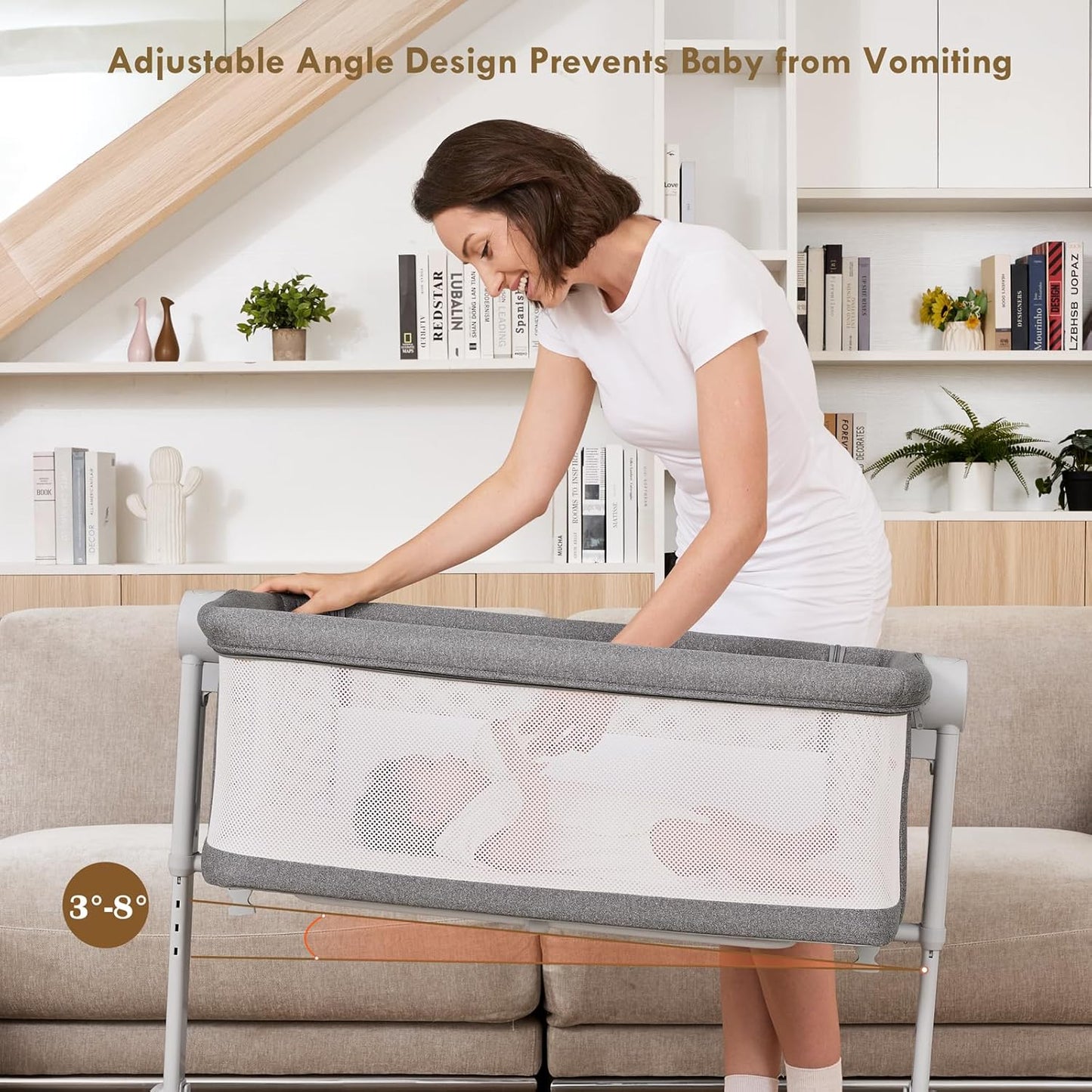 Bassinet Bedside Sleeper - All-Mesh Design, Portable Bedside Bassinet for Baby with Washable Mattress, 5 Adjustable Heights（Beige）
