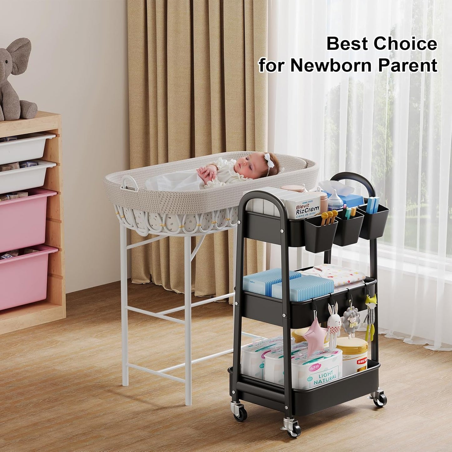 Beige 3 Tier Rolling Cart Metal on Wheels, Three Tiered Storage Organizer Utility Trolley with Wheels for Art, Craft, Baby Diaper Caddy, Snack, Book, Nail, Lash, Cleaning Supplies, Kitchen, Bathroom