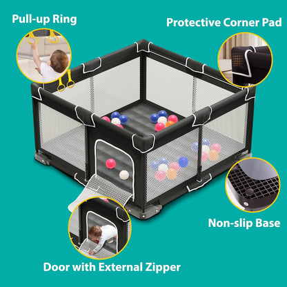ICAREWAY Foldable Playpen for Babies and Toddlers, 50x50 Inches Portable Playpen, Kids Collapsible Play Pen with 2 Handlers, Indoor & Outdoor Baby Fence Play Area with Visible Mesh, Dark Gray