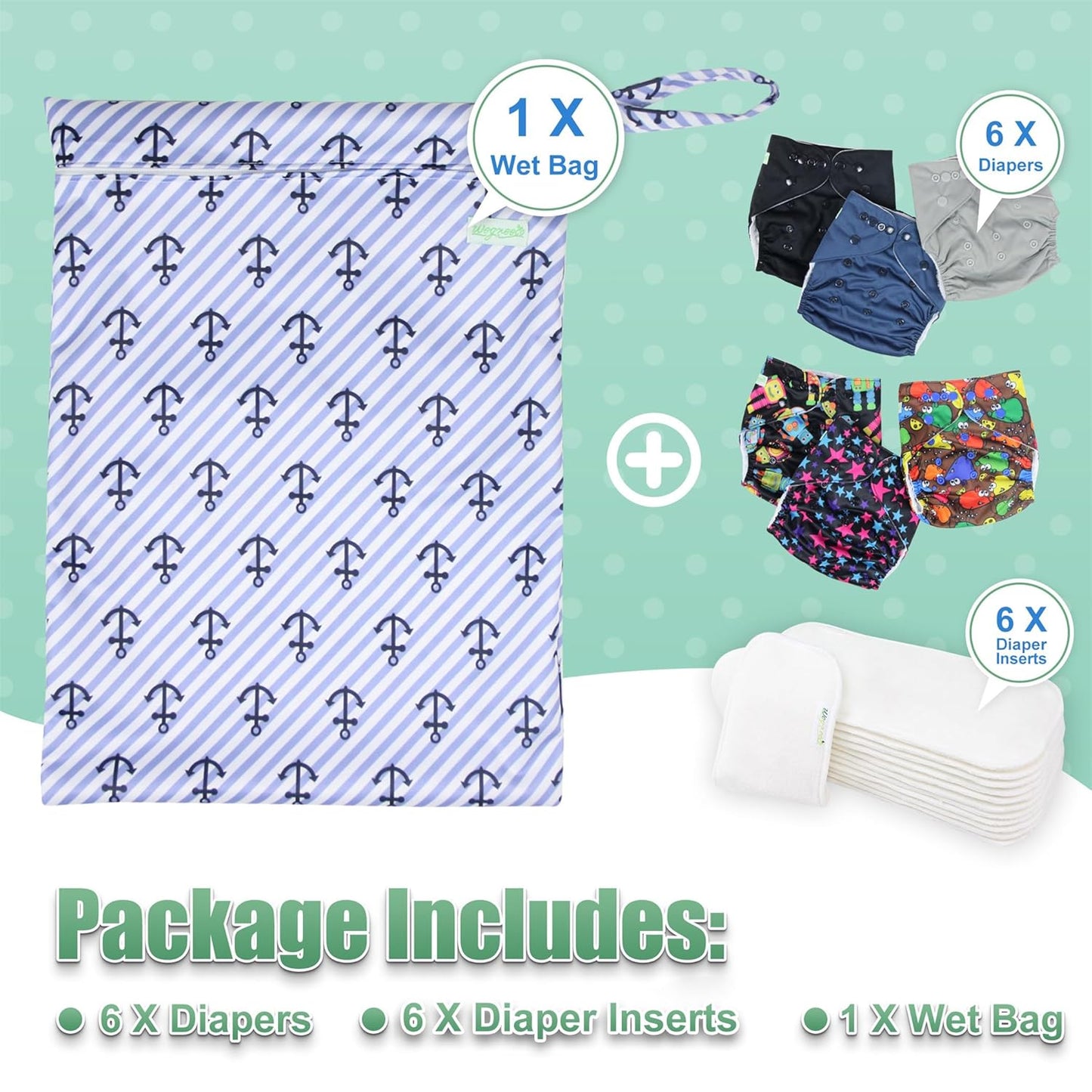 wegreeco Cloth Diapers 6 Pack with 6 Inserts & 1 Wet Bag, Washable Cloth Diapers for Babies, One Size Adjustable Reusable (Flower)