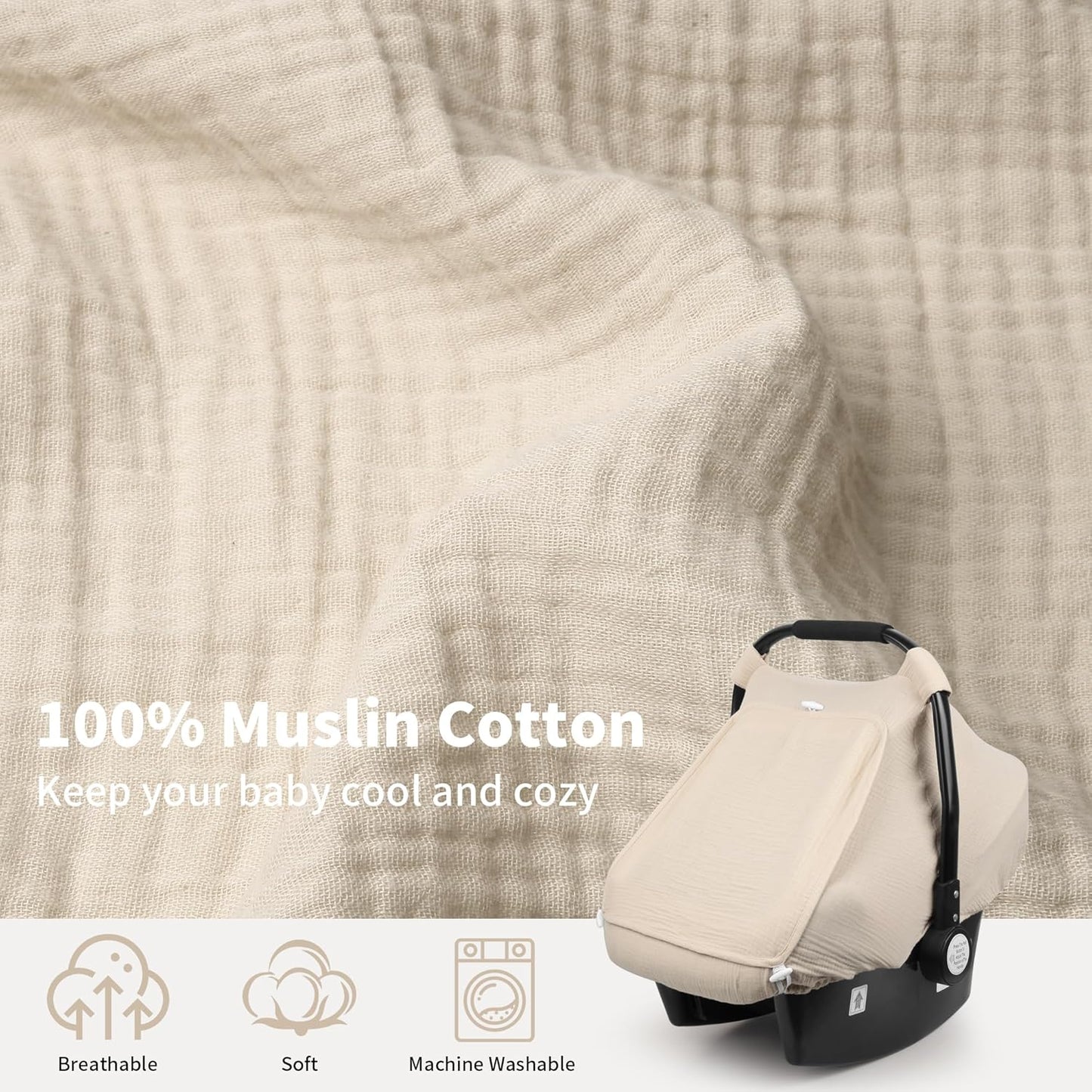 Rquite Car Seat Cover Baby, Carseat Covers Girl Boy, Breathable Muslin Cotton, Large Mesh Window, Infant Car Seat Canopy Baby Carrier Cover Stroller Sun Shade for Summer & Hot Day