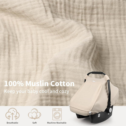 Rquite Car Seat Cover Baby, Carseat Covers Girl Boy, Breathable Muslin Cotton, Large Mesh Window, Infant Car Seat Canopy Baby Carrier Cover Stroller Sun Shade for Summer & Hot Day