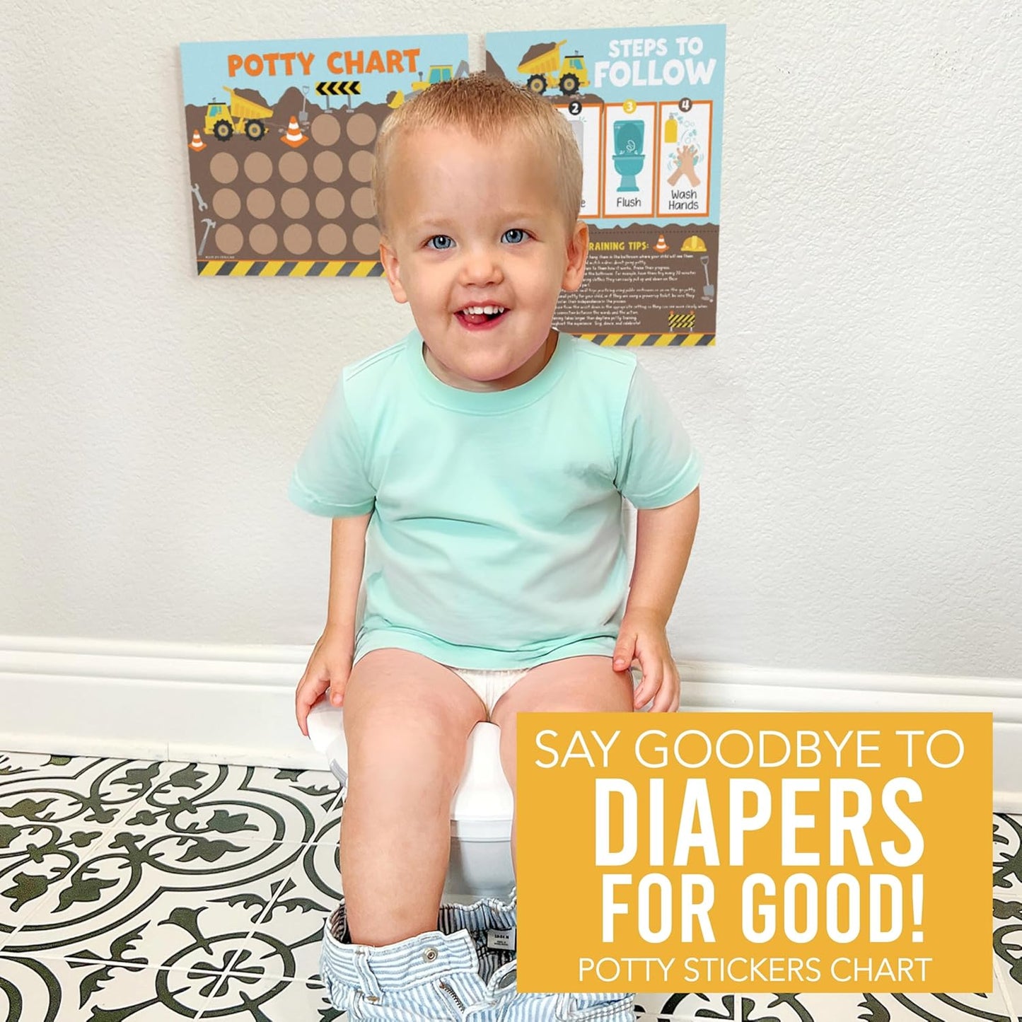 Hadley Designs Potty Training Chart for Toddlers Boys -10 Sticker Potty Chart for Toddlers Boys, 8.5x11" Potty Training Sticker Charts for Toilet Success, Monster Truck Toddler Reward Chart for Kids