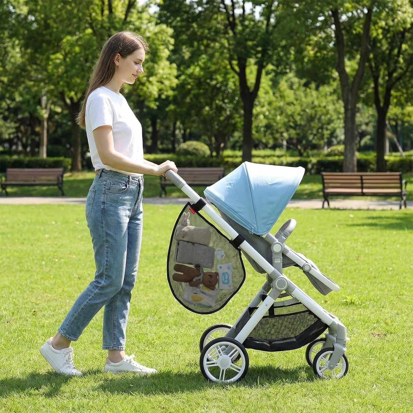 Universal Stroller Organizer Side Sling Polyester Net Mesh Bag in Black Fits for Nuna, Baby Jogger, Britax, Uppababy, Doona Strollers