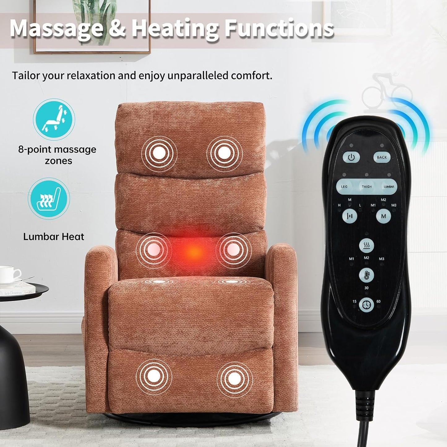 Massage Chair Recliner with Heat, Swivel Rocking Chair Recliner with High Back, Manual Nursery Recliners for Adults,Small Recliner Chair for Small Spaces, Living Room Bedroom, Fabric (Blue Green)