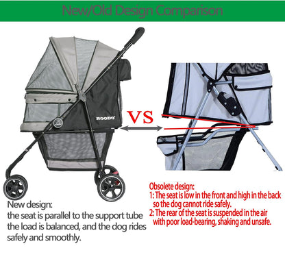 ROODO Escort 3 Wheel Dog Cat Pet Stroller for Small/Medium Dogs Cats Best Lightweight Foldable Portable Compact Jogger All Terrain Travel Pet Gear System Puppy Doggie Bunny Kitty Stroller(Grey)