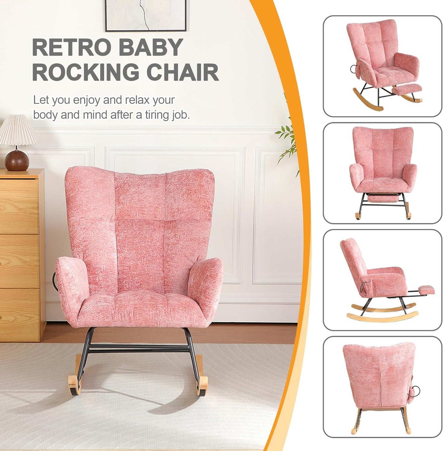 Rocking Chair Nursery with Airbag, Comfy Modern Nursery Rocking Reading Chair indoor with Footrest, Cozy Upholstered Glider Rocker Chairs for Living Room Bedroom Offices(Chenille, Dark Grey)