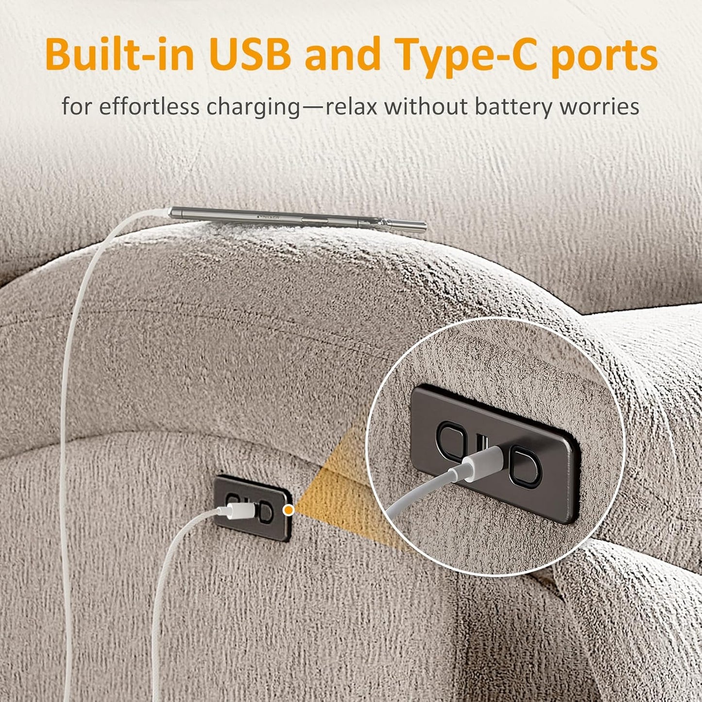 VANOMi Power Recliner Chair with USB & Type-C Charging, 270° Swivel Glider Rocker, Electric Nursery Recliner for Living Room, Bedroom, and Office, White