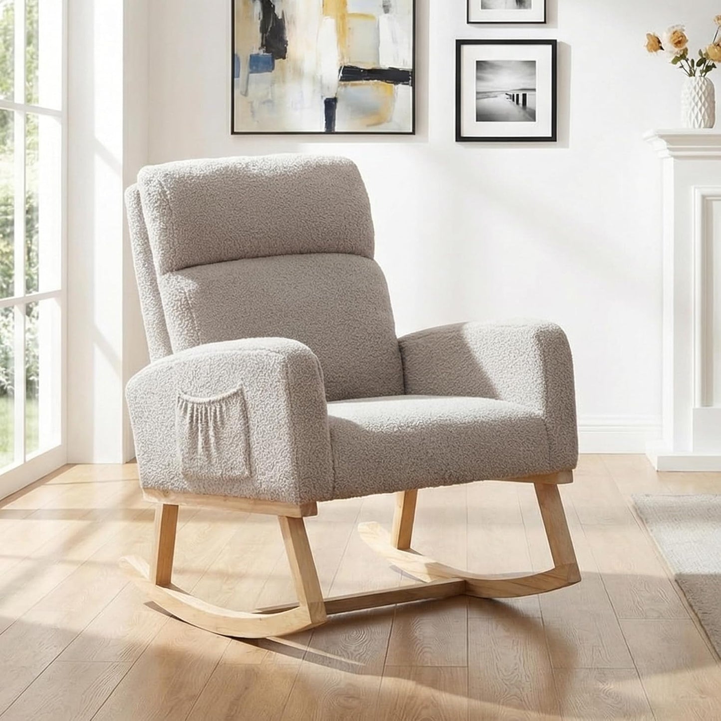 Rocking Chair Nursery - Glider Modern Accent Chairs Upholstered Nursing Rocker Padded Armchair for Indoor Living Room Bedroom Beige